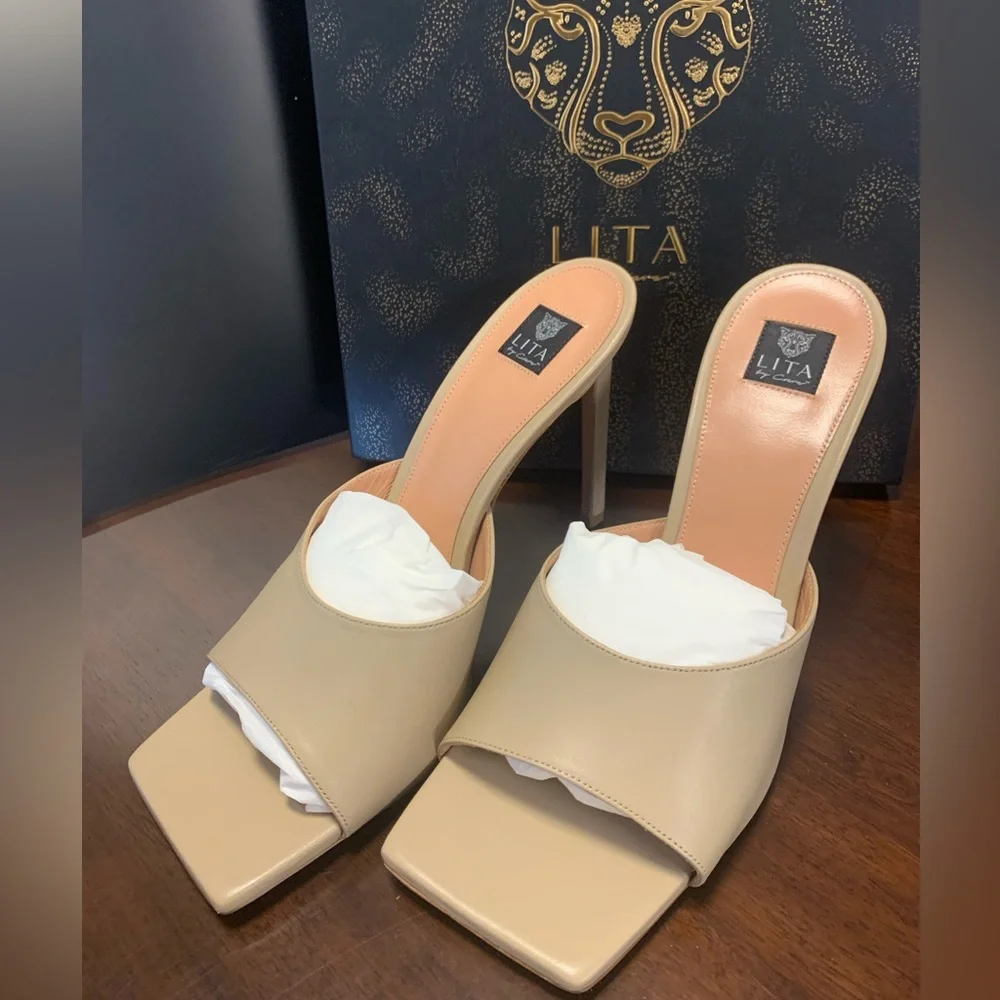 NIB Lita By Ciara /Revolve Square‎ Toe Slide Heel Sandal Size 42/11 Tan 4” Heel